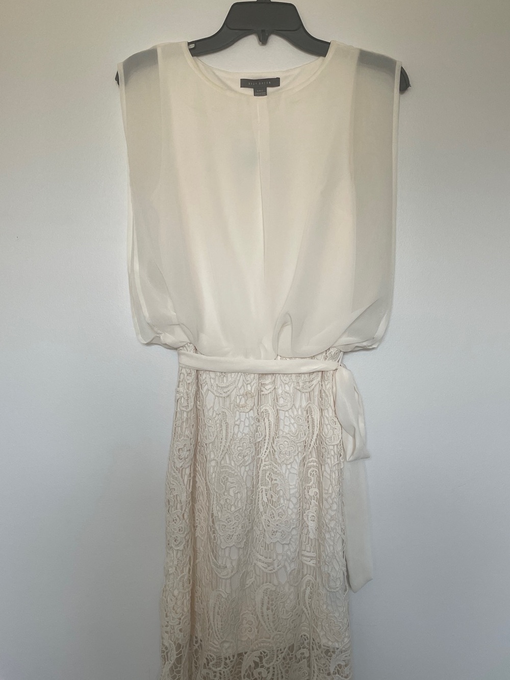 Suzy Shier Ivory Lace & Chiffon Midi Dress